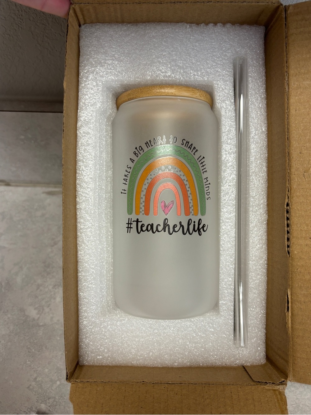 16 oz Teacher Life Frosted Glass Can Tumbler w/Bamboo Lid & Glass Straw – New